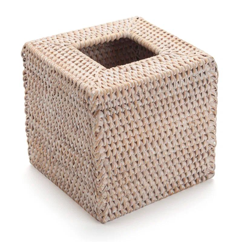 One Allium Way® Rattan Tissue Box Cover Natural Woven Facial Napkin Holder Square (White, 5.5X5.5X5.9 Inch)