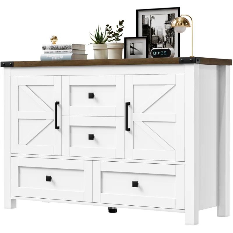 Gracie Oaks Farmhouse Dresser For Bedroom With 4 Drawers And 2 Barn Doors, Wood Chest Of Drawers 47 Inch Wide, Large, Long, Adjustable Shelves, 5 Legs, Living Dining Room, Entryway, Hallway