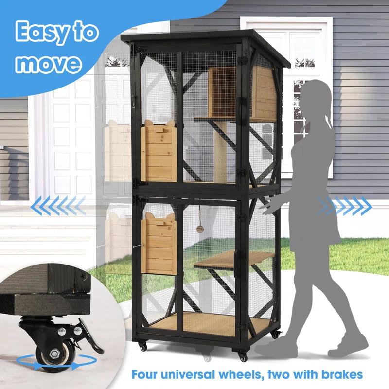 Tucker Murphy Pet™ Hallvard Outdoor Cat Enclosure with Scratcher - 4-Tier Large Indoor Wooden Window Catio Cat House W/Asphalt Waterproof Roof