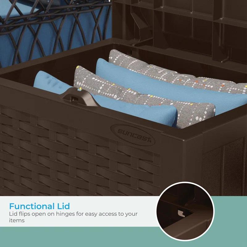 Suncast Suncast Wicker 22 Gallon Water Resistant Resin Deck Box with Storage Seat in Java