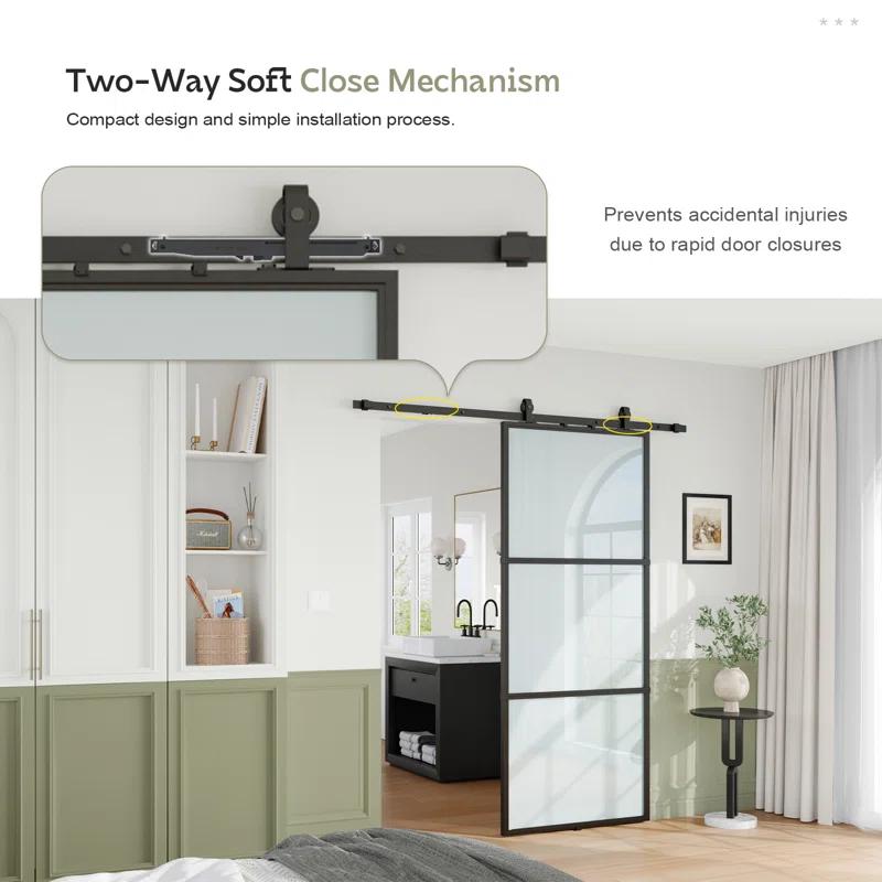 TREEBLING 84" Metal and Glass Sliding Barn Door with Two-Way Soft Close and Installation Hardware Kit