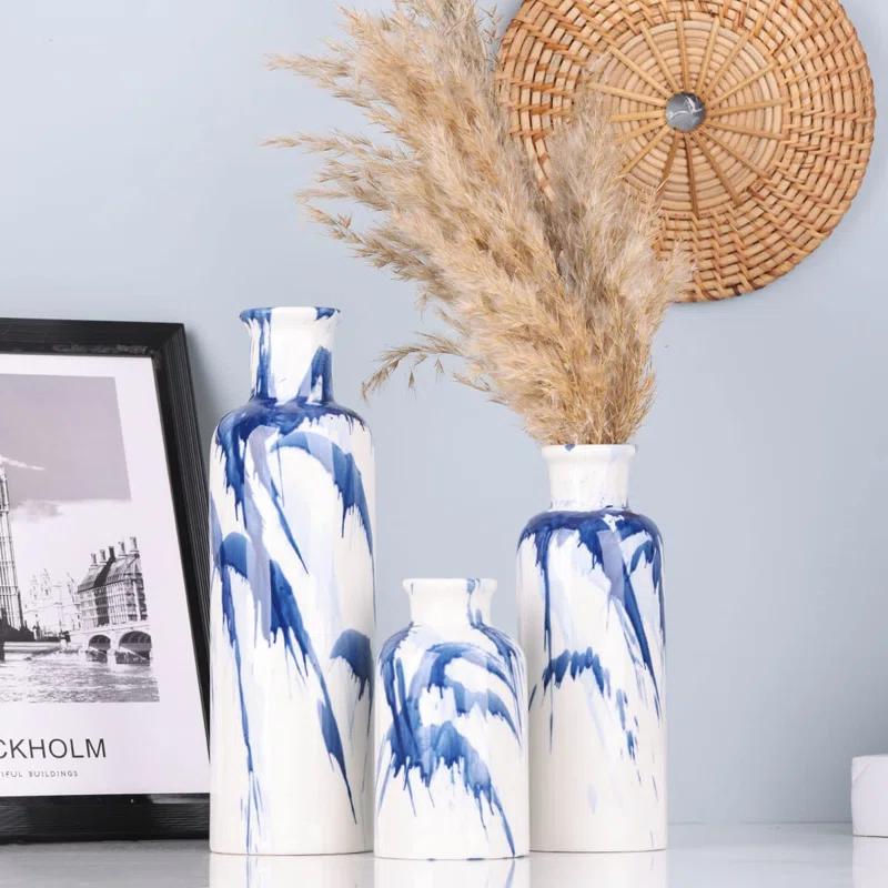 Orren Ellis Blue Ceramic Vase Set Of 3 - Decorative Navy Blue And White Vase For Centerpieces, Farmhouse And Home Decor - Ideal For Living Room, Kitchen, Bedroom, Dining Table And Office Decor