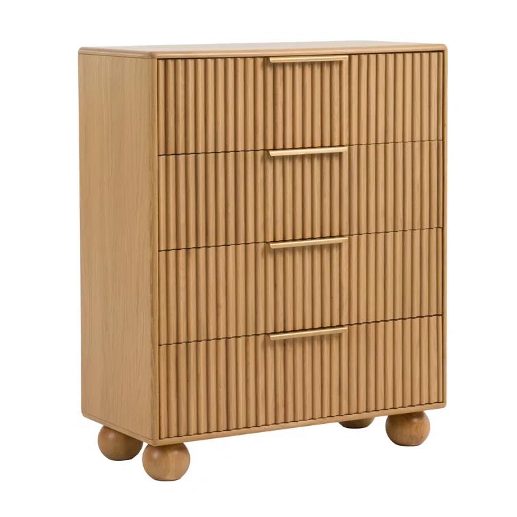 Benjara Cid Joya 45 Inch Tall Chest, 4 Drawers, Golden Metal Handles, Natural Oak
