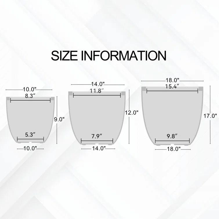 Kante Kante 3 Piece 18", 14", and 10"W Round Planters, Outdoor Indoor Modern Planter Pots, Lightweight, Weather Resistant, Seamless with Drainage Hole Set