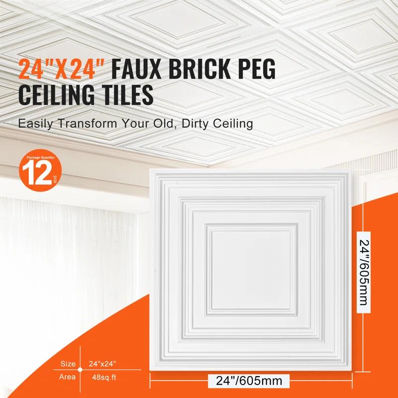 VEVOR Ceiling Tiles 12-Pack 24 x 24 in PVC Easy Installation White Peg Pattern | Wayfair
