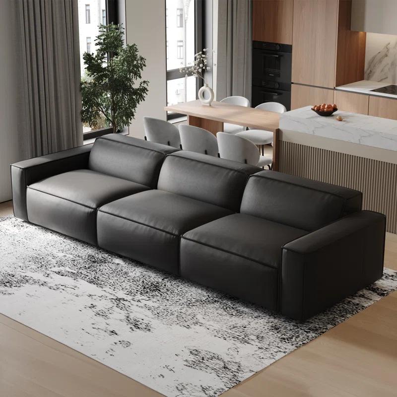 Hokku Designs Hamall Valencia Nathan Full Aniline Leather Modular Sofa With Down Feather, Three Seats, Black Color