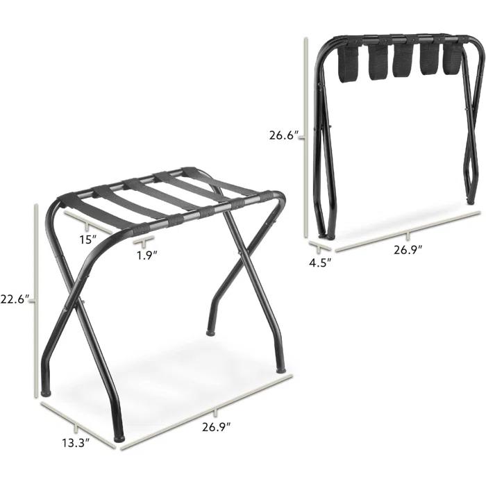 BINO 2-Pack Folding Luggage Rack Collapsible Metal Suitcase Stand With Durable Black Nylon Straps- For Bedroom, Guest Room, Or Hotel (Gray Steel)
