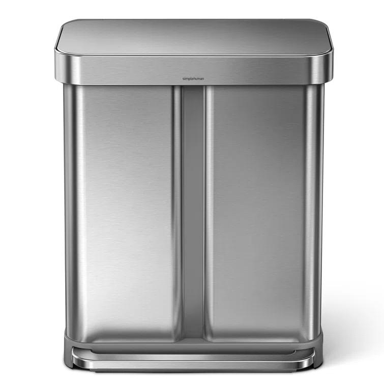 Simplehuman 58 Liter Recycling Kitchen Trash Can with Liner Pocket, Brushed Stainless Steel