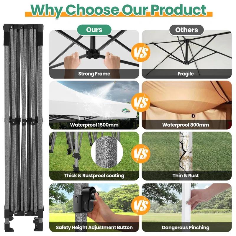 Cobizi 10x15 Heavy Duty Pop up Canopy Tent with 4 sidewalls Commercial Outdoor Canopy Wedding Party Tents for Wedding All Season Wind & Waterproof Gazebo with Carry Bag, Black(Frame Thickened)