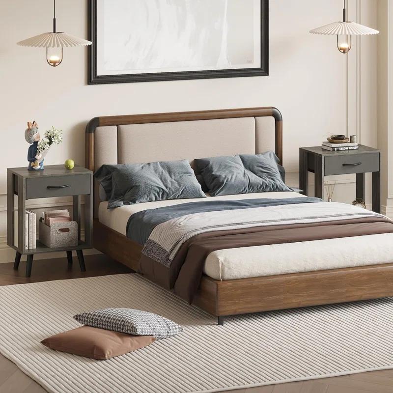 Nightstands Set Of 2 With Fabric Storage Drawer And Open Wood Shelf, Side Table With Storage For Bedroom, Bedside Tables - 23.7" H