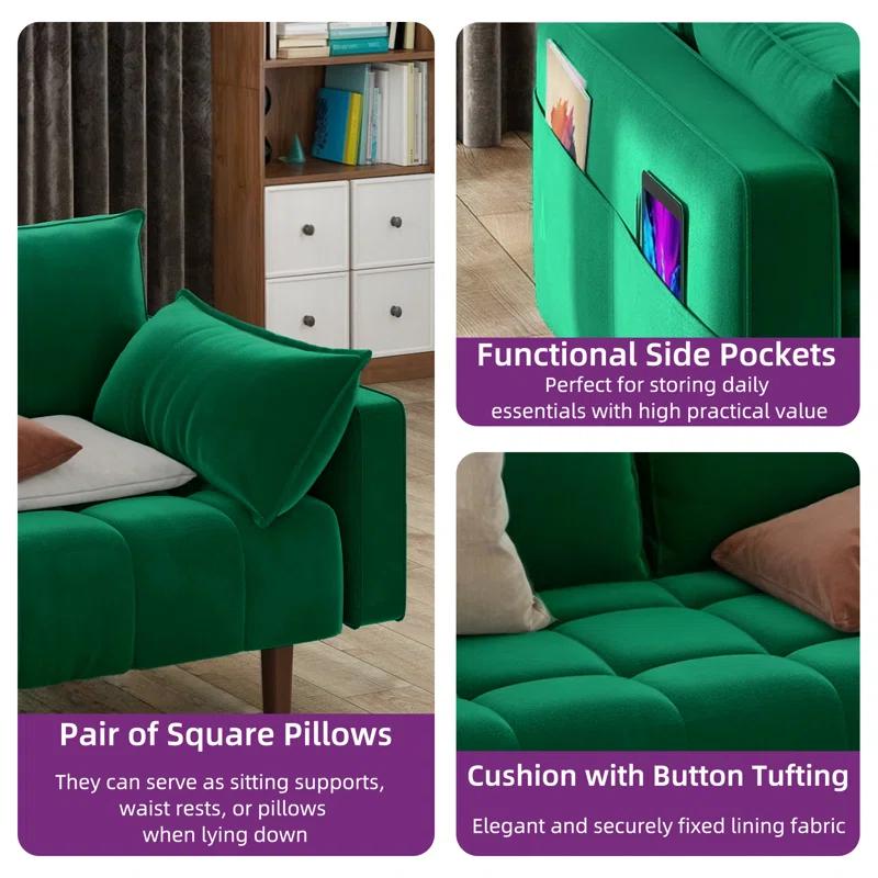 Mercer41 Damales 70" Square Arm Loveseat Sofa, Modern Velvet Loveseat with 2 Pillows