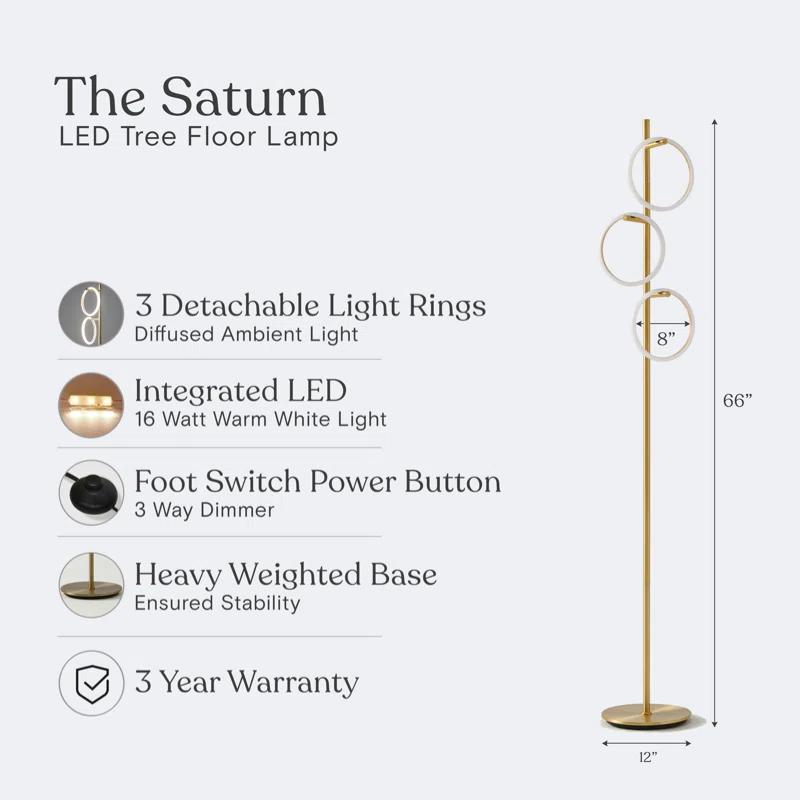 Brightech Saturn 66" Modern LED Floor Lamp with 3 Removable Ring Lights and Gold Finish, 3-Way Dimming