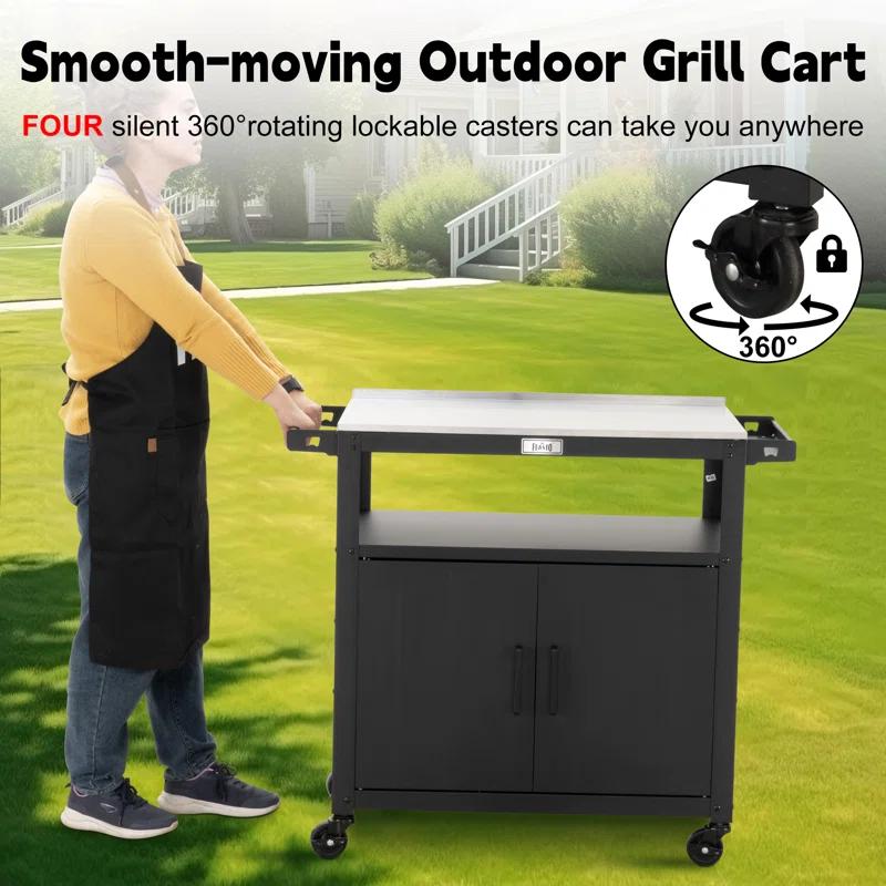 Feasto Feasto 35''H x 32''W Cabinet Utility Cart with Wheels, Outdoor Grill Cart, Rolling Kitchen Cart for BBQ Food Prep