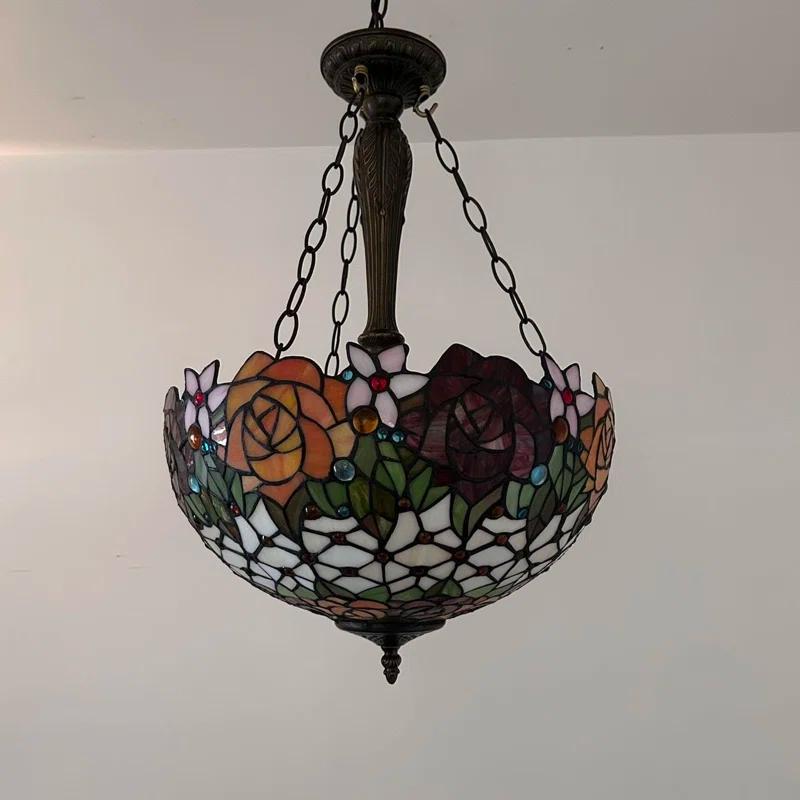 ENJOY DECOR LAMPS Tiffany Chandeliers Pendant Lamps Red Orange Stained Glass Rose Flowers LED Bulbs 16"W*16"D*60"H