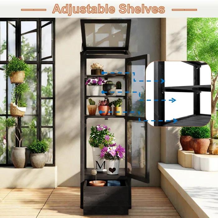 mosaicmotifco Wood Garden Greenhouse Balcony Portable Mini Cold Frame With Movable Storage Box, Adjustable Shelves And 1 Drawer