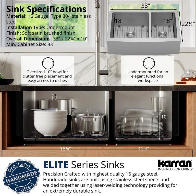 Karran 16-Gauge Stainless Steel 33'' X 22-1/4'' 60/40 Double Bowl Farmhouse Apron Front Sink Kit