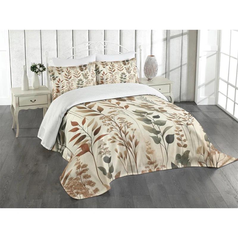 Ambesonne Ambesonne Brown Bedspread Set Vintage Botanical Concept Pale Camel Laurel Green