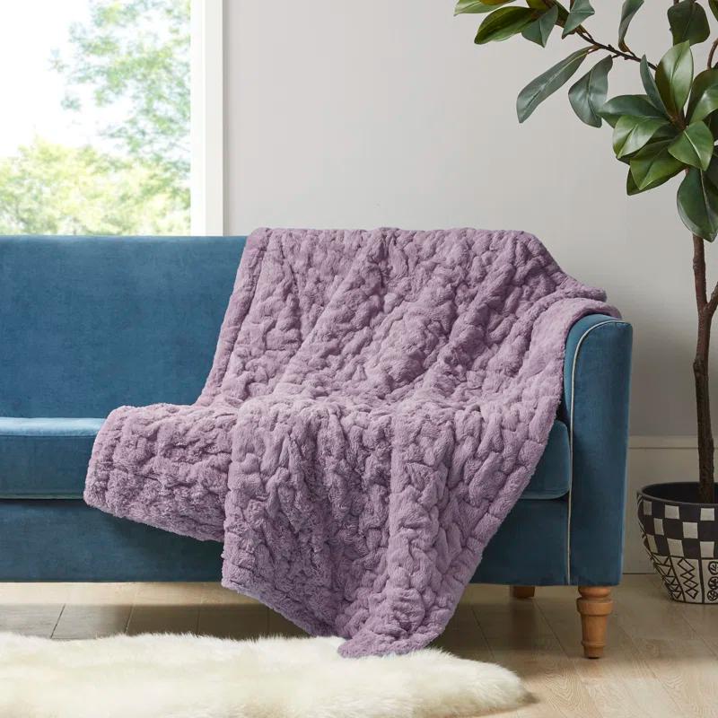 Madison Park Lavender Ruched Fur Throw 50x60"