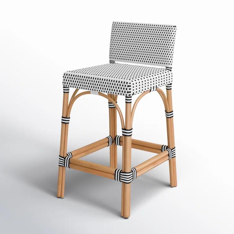 White and Navy Dot Rattan Low Back Counter Stool