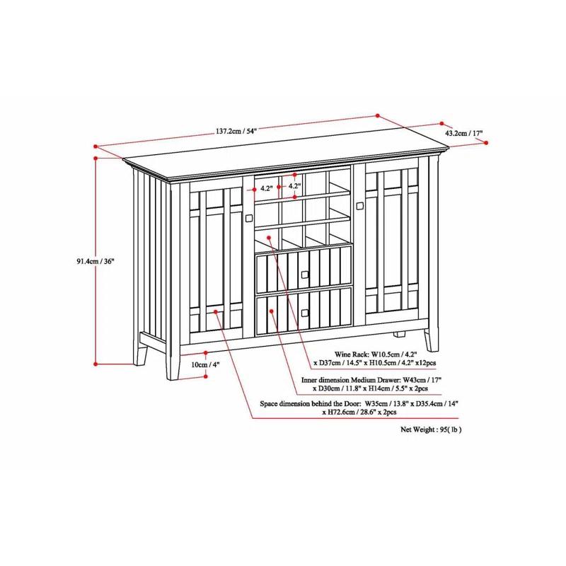 Simpli Home Bedford 54"W Solid Wood Sideboard Buffet and Wine Rack, 2 Drawers, and 2 Cabinets