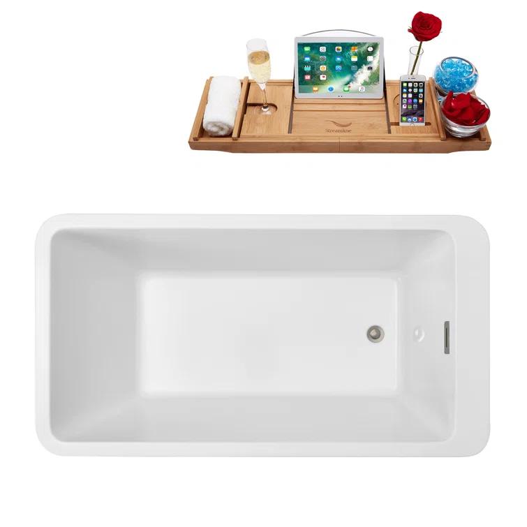 Streamline Bath 60" Streamline Freestanding Soaking Acrylic Bathtub With Drain and Bamboo Tray N240BNK