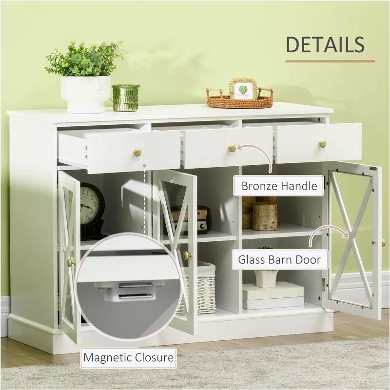 Gracie Oaks 45" Farmhouse Sideboard Buffet Cabinet, Credenza,Coffee Bar Cabinet with Glass Doors and 3 Drawers, White