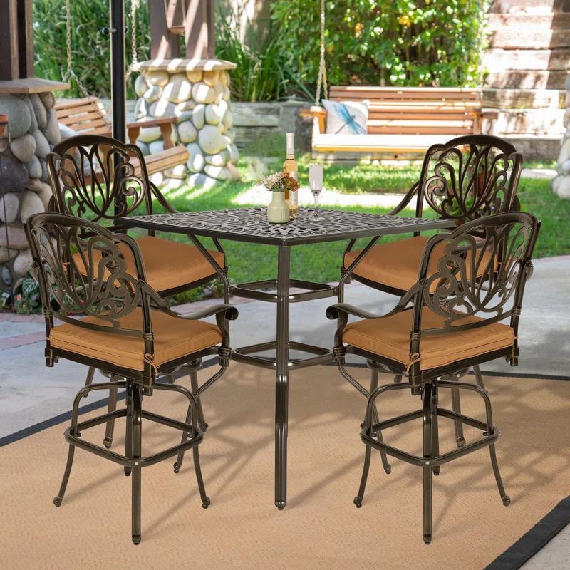 Bloomsbury Market Bloomsbury Market 5-piece Bar Height Patio Dining Set, All Weather Cast Aluminum Outdoor Table And Chairs Set With 4 Swivel Bar Stools, Cushions & 35.38" High Bar Table W/umbrella Hole For Deck, Lawn, Garden