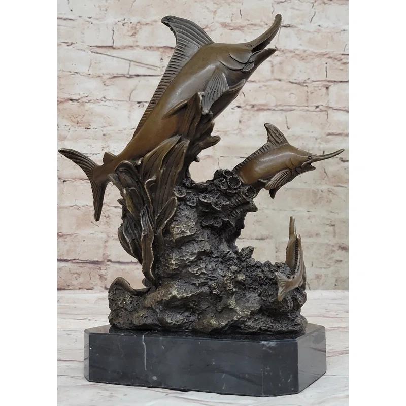 Rosecliff Heights Original Bronze Statue Sculpture Of Marlin Sailfish Swordfish Jumping Out Of Ocean On Marble Base