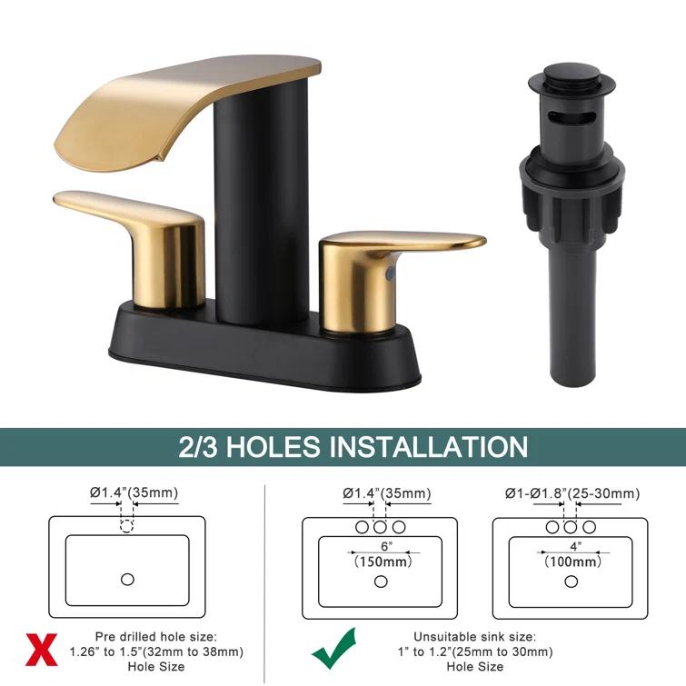 Aleasha 4-inch Centerset Double Handle Waterfall Bathroom Sink Faucet with Pop-up Drain Kit AL-2C69GB