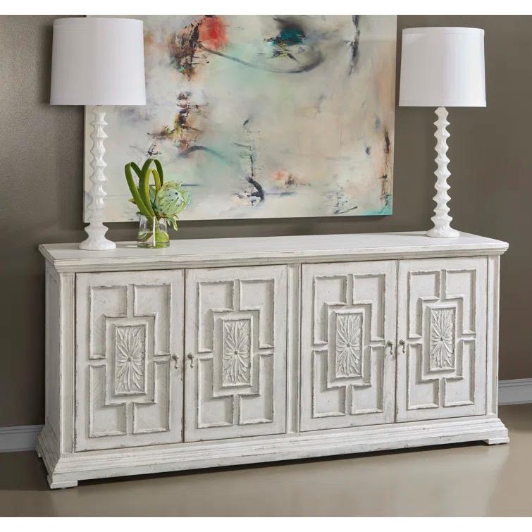 Pulaski Furniture 4 Door Rosette Carved Entertainment Credenza in Distressed White