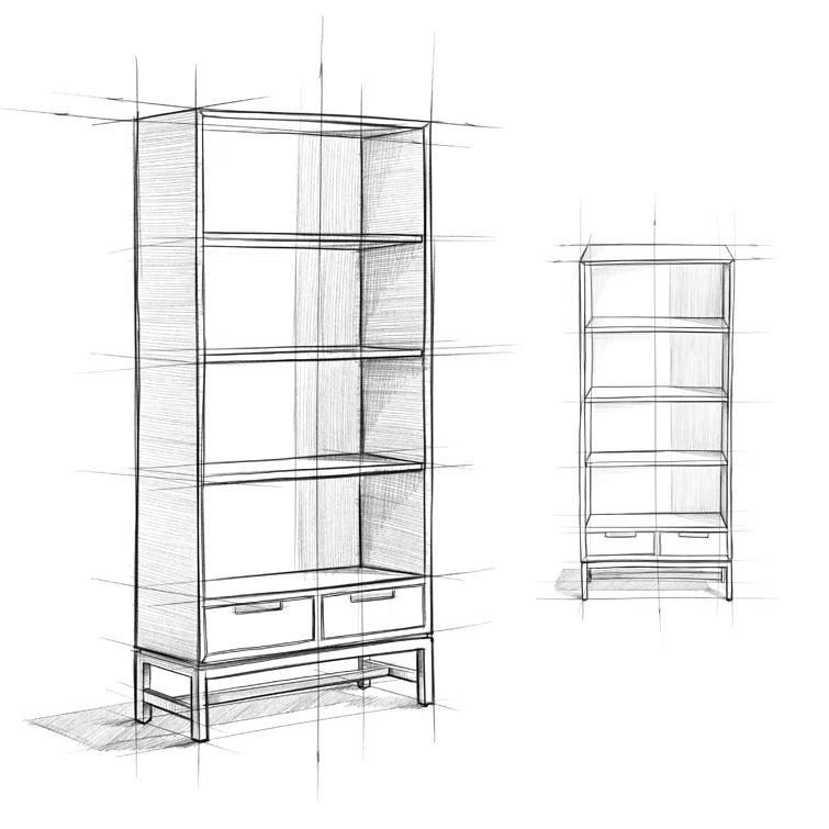 Banting 30"W Solid Wood 4 Shelf Industrial Bookcase with 2 Drawers, Adjustable Shelves, and Metal Base