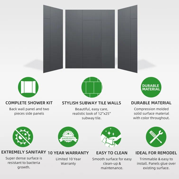 WoodBridge 75/96" H Solid Surface Shower & Tub Wall Panel, Surround, Quick Install, Cuttable, 0.138" thick