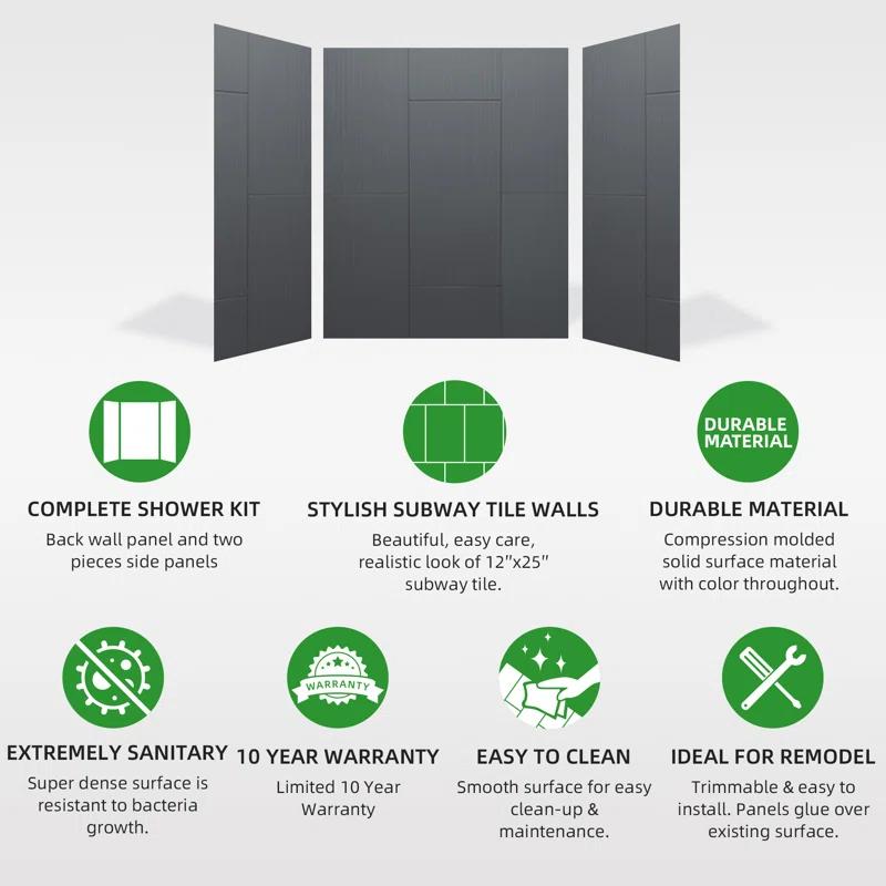 WoodBridge 75/96" H Solid Surface Shower & Tub Wall Panel, Surround, Quick Install, Cuttable, 0.138" thick