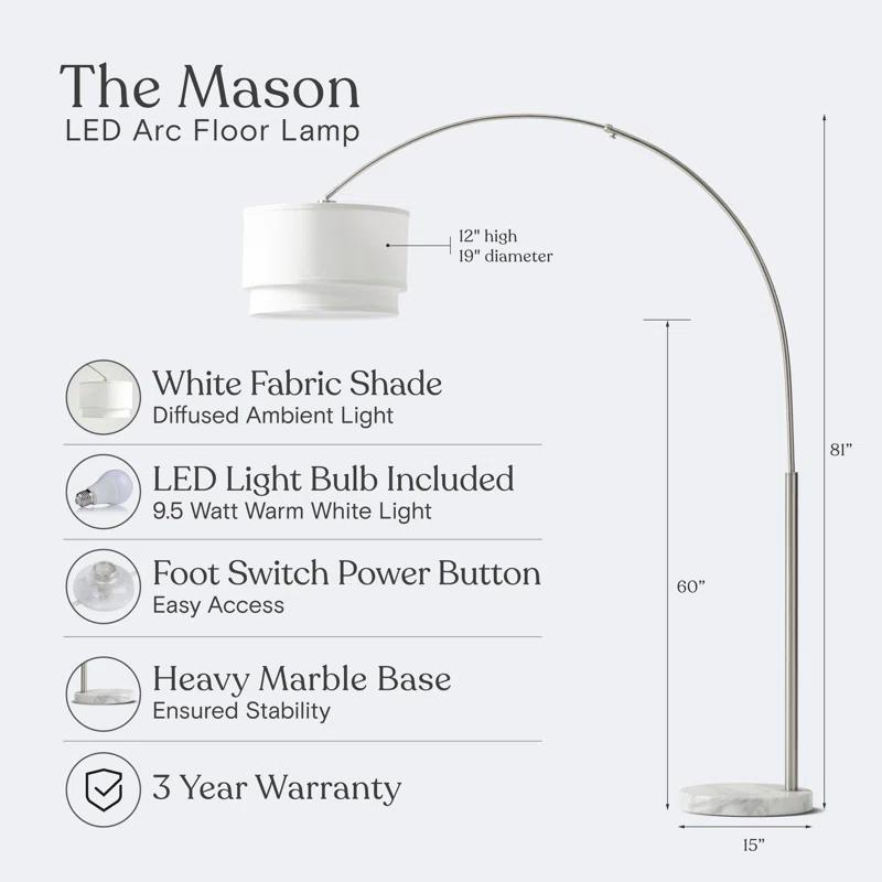 Mason 81 in. Modern Adjustable LED Arched Standing Floor Lamp with Fabric Drum Shade and Weighted Marble Base