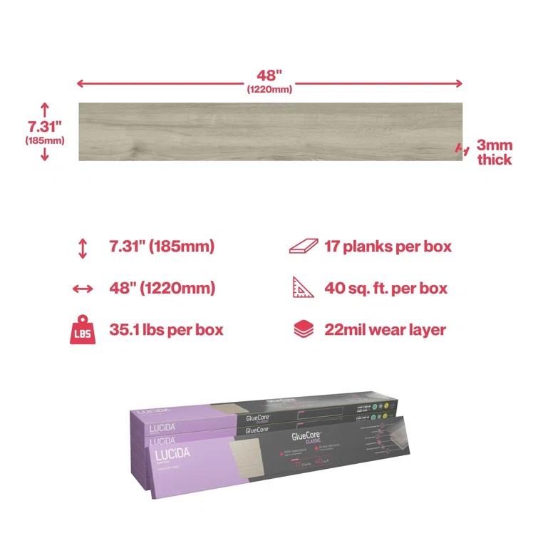 Lucida USA GlueCore Classic 22mil x 7.3" W x 48" L Glue Down Vinyl Tile Flooring