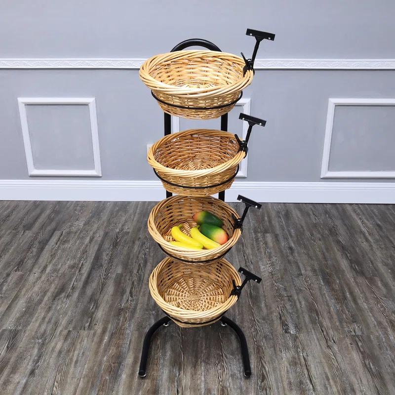 FixtureDisplays 4 Tier Basket Stand, Sign Clips, Wicker Grocery Store Rack Display, Market Basket Rack Kitchen