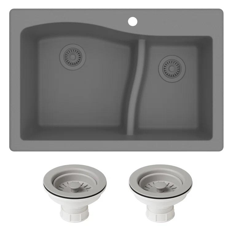 Kraus KRAUS Quarza™ 33" L Dual Mount 60/40 Double Bowl Granite Kitchen Sink and Strainers KGD-442WHITE-PST1-WH