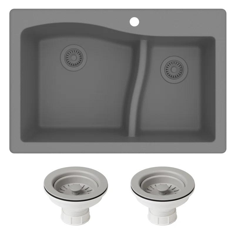 Kraus KRAUS Quarza™ 33" L Dual Mount 60/40 Double Bowl Granite Kitchen Sink and Strainers KGD-442WHITE-PST1-WH