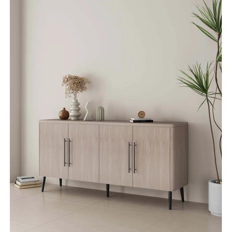 Manhattan Comfort Jodie 65" Mid-Century Modern Sideboard with 8 Adjustable Shelves in Whitewashed Oak