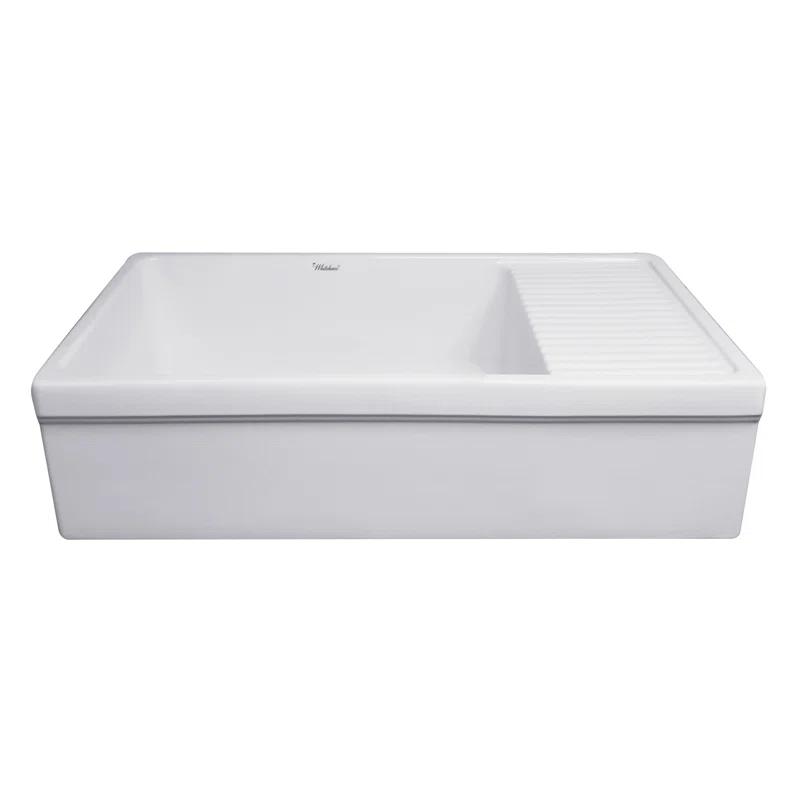 Whitehaus Collection WHQD540-M-WHITE Whitehaus Collection 36” Single Bowl Fireclay Kitchen Sink: Integral Drainboard, Lip Front Apron