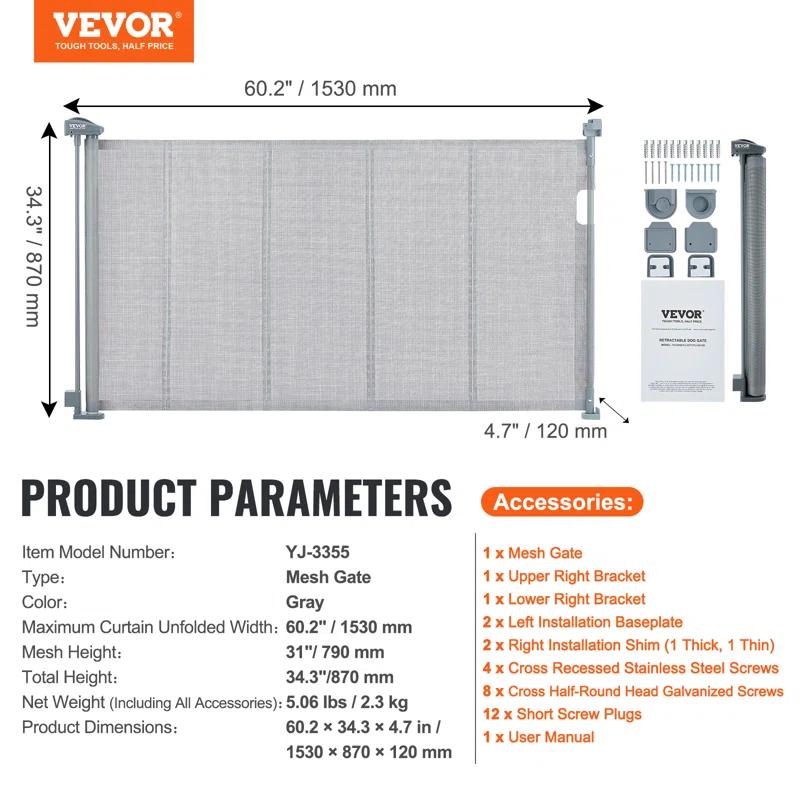 VEVOR VEVOR Retractable Gate Black Plastic Wall Mounted Pet Gate