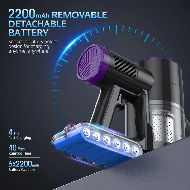 Cordless Vacuum Cleaner, 20KPA Stick Vacuum With LED Display, 2 Modes 6 In 1 Lightweight Cordless Stick Vacuum Cleaner With 40Min Detachable Battery Vacuum Cleaner For Home Hard Floor Car Carpet