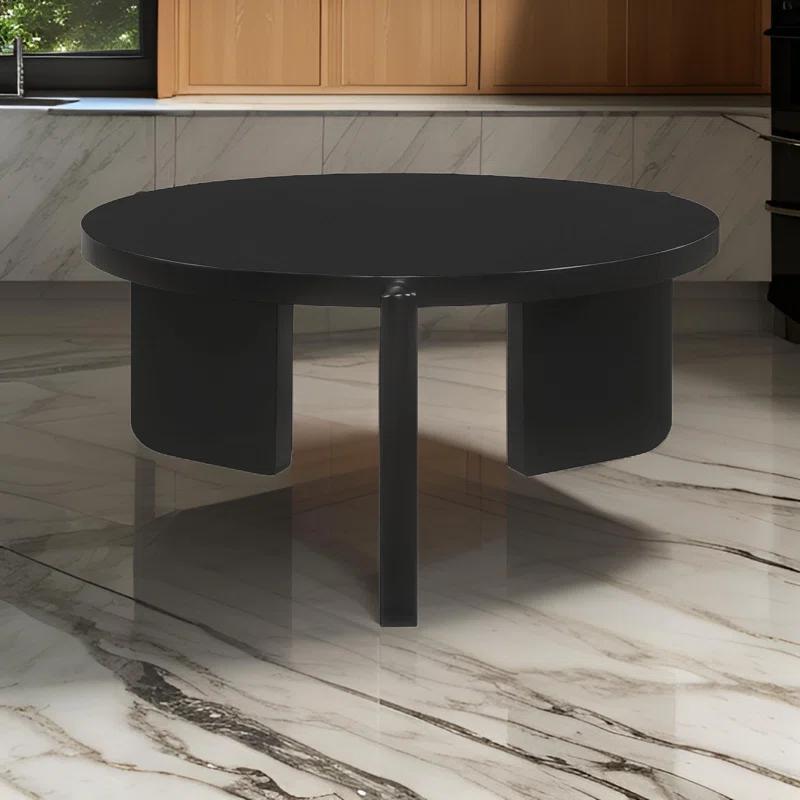 Kiya Coffee Table, 39 Inch Round Top, Black Solid Wood Frame, Panel Legs