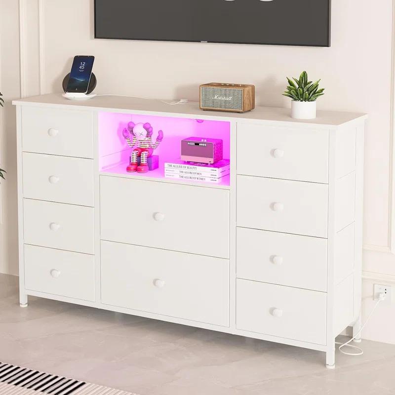 Wrought Studio™ Dresser With Charging Station And LED Lights, Long Dresser For Bedroom Dresser TV Stand With 10 Drawers, Fabric Chest Of Drawers With PU Finish, Wide Dresser Storage Organizer, White