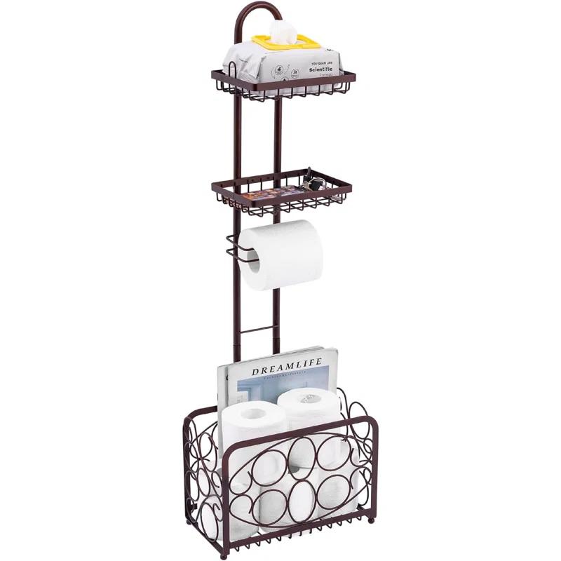 Toilet Paper Holder Tissue Rack Stand With Magazine Toilet Roll Storage Basket- Freestanding, Bronze Metal