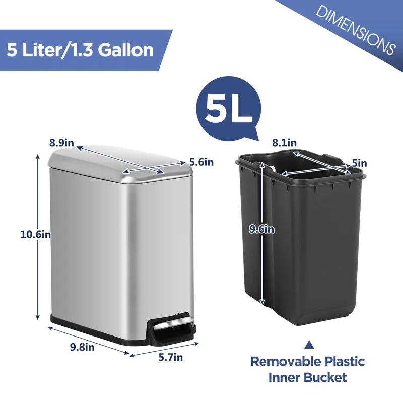 FDW Bathroom Trash Can With A Lid 1.3 Gallon  (5 L) Small Trash Bin Step Pedal Garbage Can With Removable Bucket Slim For Small Spaces For Bathroom,Bedroom,Kitchen,Office