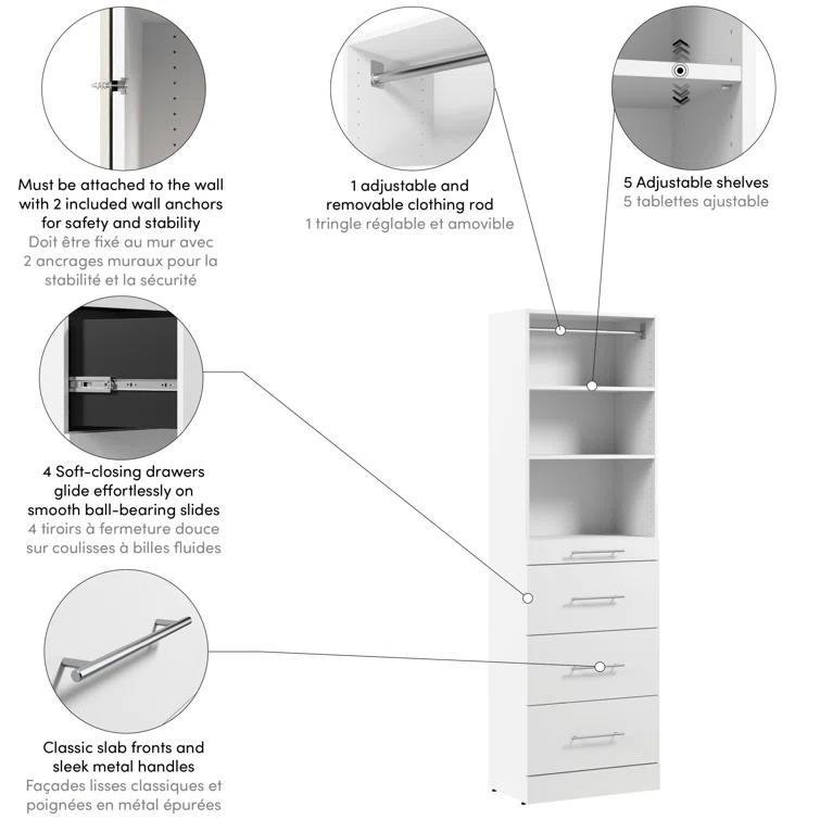 Bestar Florence Modular Reach-In Or Walk-In Closet System Tower With Shelves And 4 Drawers, Slab Style