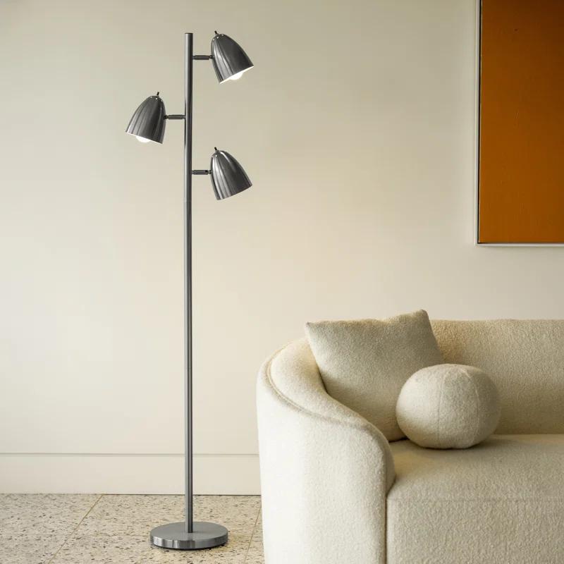 Brightech Jacob 64" Modern 3-Light Adjustable LED Floor Lamp with Silver Finish and Metal Cone Shades, Bulbs Included