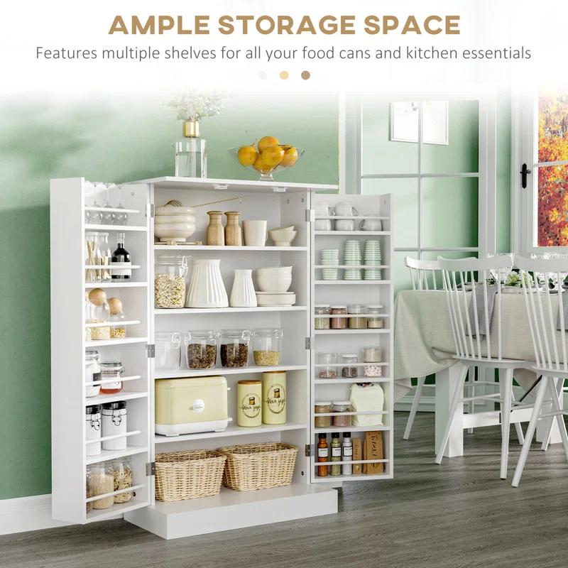 Latitude Run® HOMCOM 41" Modern Kitchen Pantry Freestanding Storage Cabinet With Double Doors Adjustable Shelves For Living Room - White