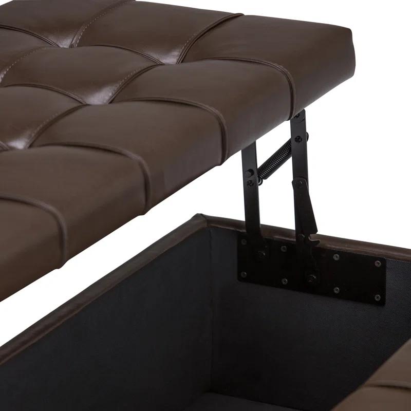 Simpli Home Harrison 36"W Upholstered Square Coffee Table Storage Ottoman with Split Lift Top